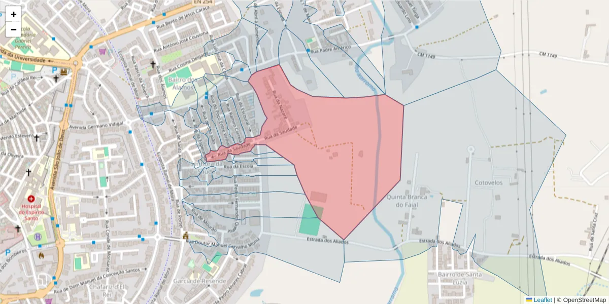 Mapa detalhado do código postal 7005-371 com limites, códigos postais vizinhos e agências dos correios