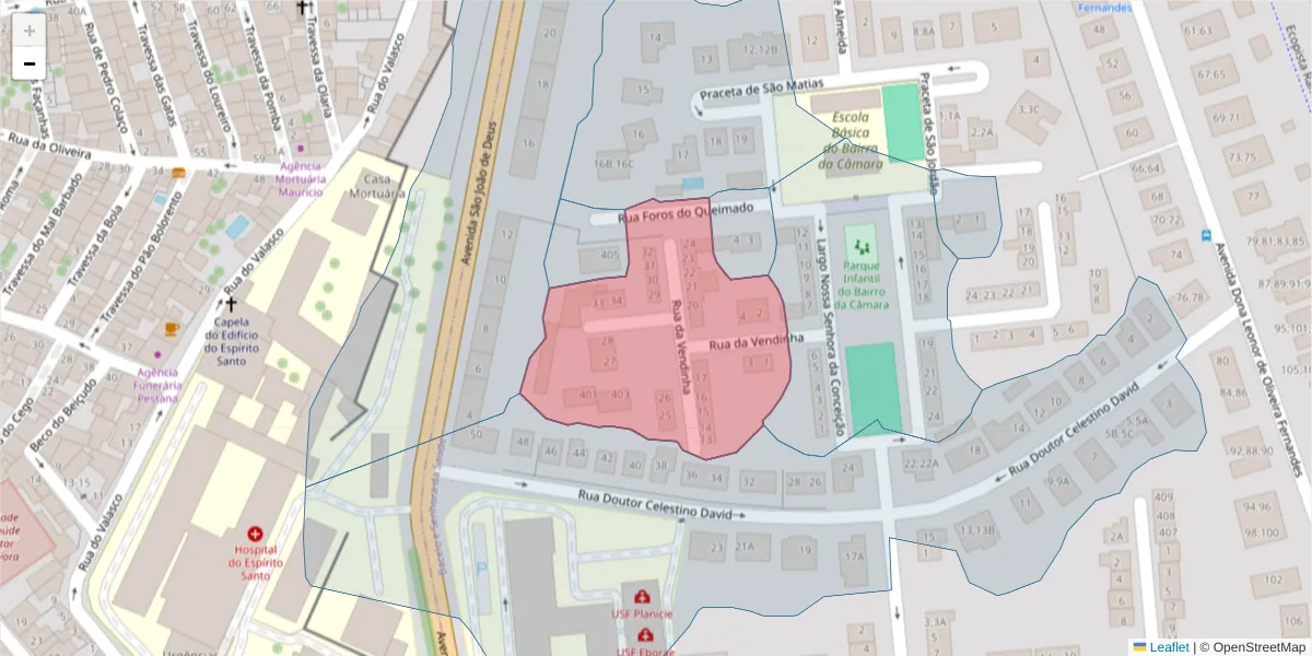 Mapa detalhado do código postal 7005-374 com limites, códigos postais vizinhos e agências dos correios