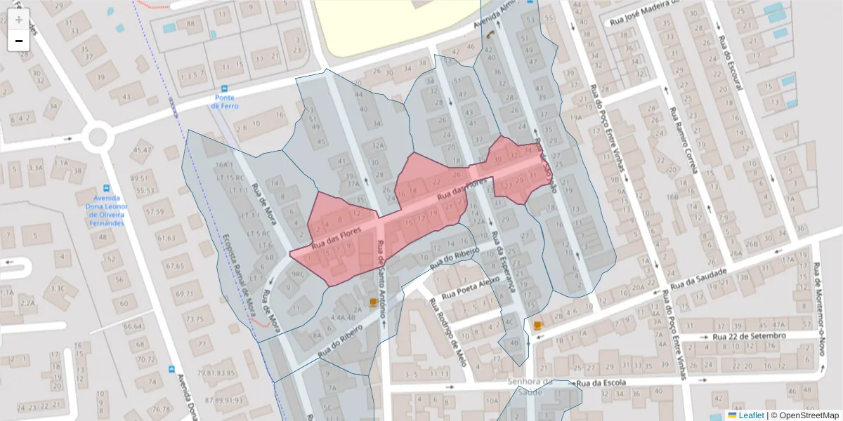 Mapa detalhado do código postal 7005-379 com limites, códigos postais vizinhos e agências dos correios