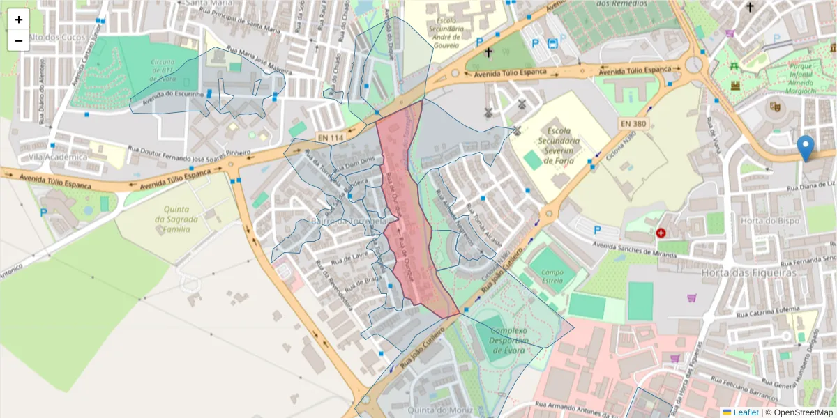 Mapa detalhado do código postal 7005-395 com limites, códigos postais vizinhos e agências dos correios