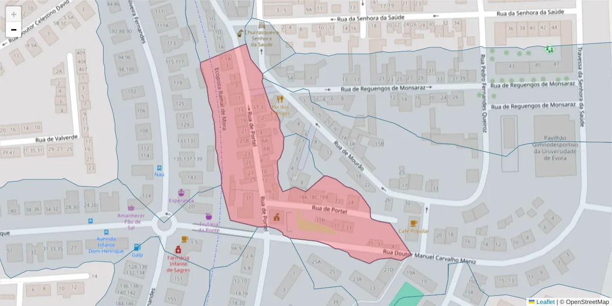 Mapa detalhado do código postal 7005-397 com limites, códigos postais vizinhos e agências dos correios