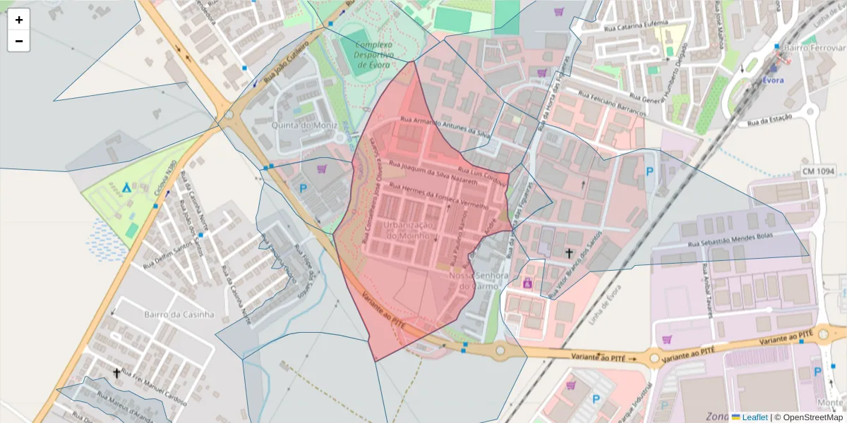 Mapa detalhado do código postal 7005-401 com limites, códigos postais vizinhos e agências dos correios