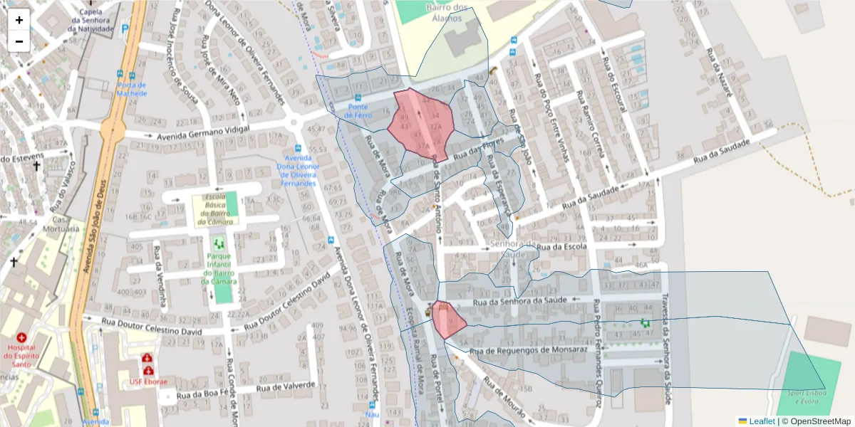 Mapa detalhado do código postal 7005-402 com limites, códigos postais vizinhos e agências dos correios