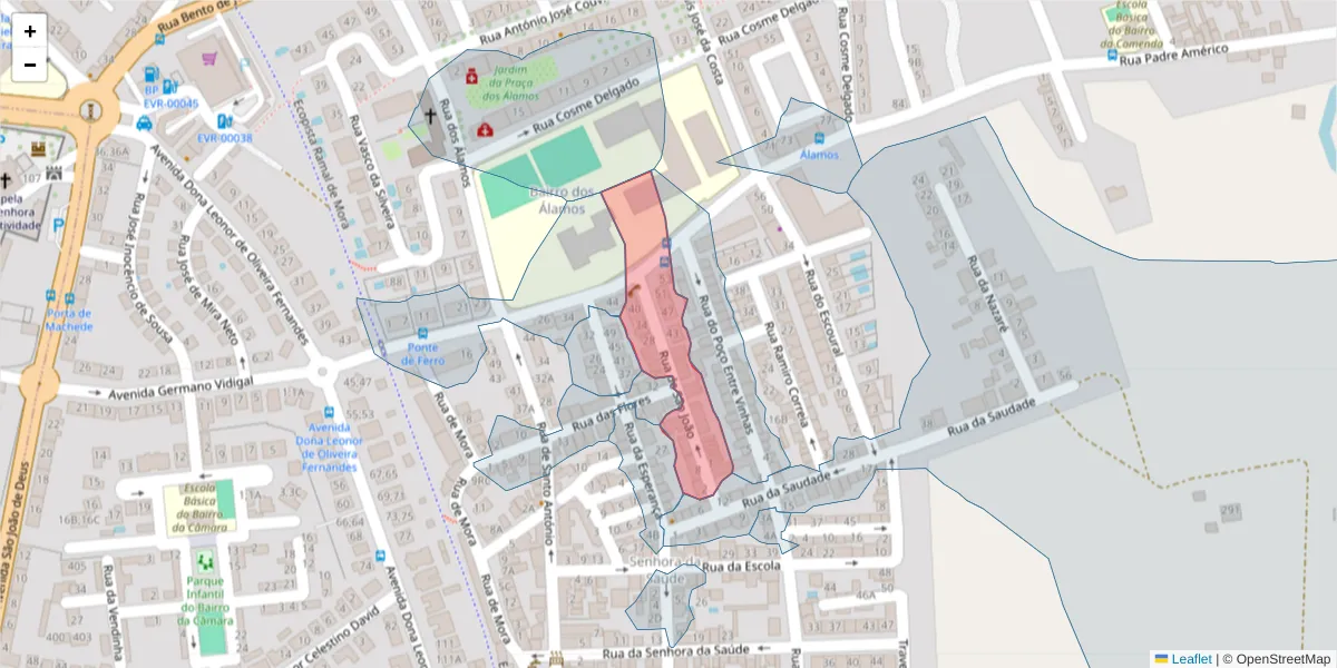 Mapa detalhado do código postal 7005-406 com limites, códigos postais vizinhos e agências dos correios