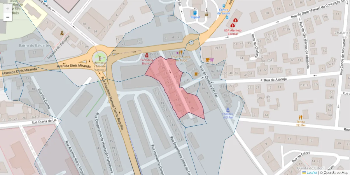 Mapa detalhado do código postal 7005-408 com limites, códigos postais vizinhos e agências dos correios