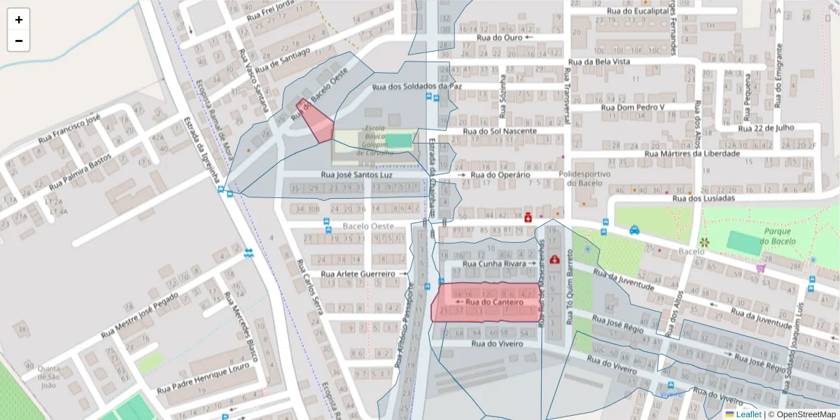 Mapa detalhado do código postal 7005-424 com limites, códigos postais vizinhos e agências dos correios