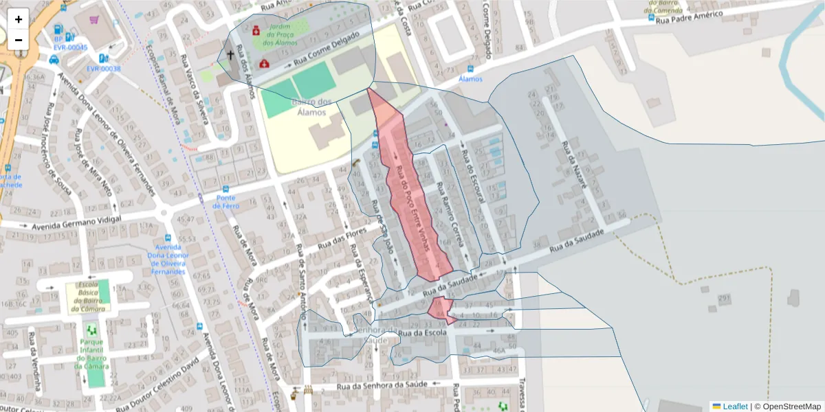 Mapa detalhado do código postal 7005-438 com limites, códigos postais vizinhos e agências dos correios