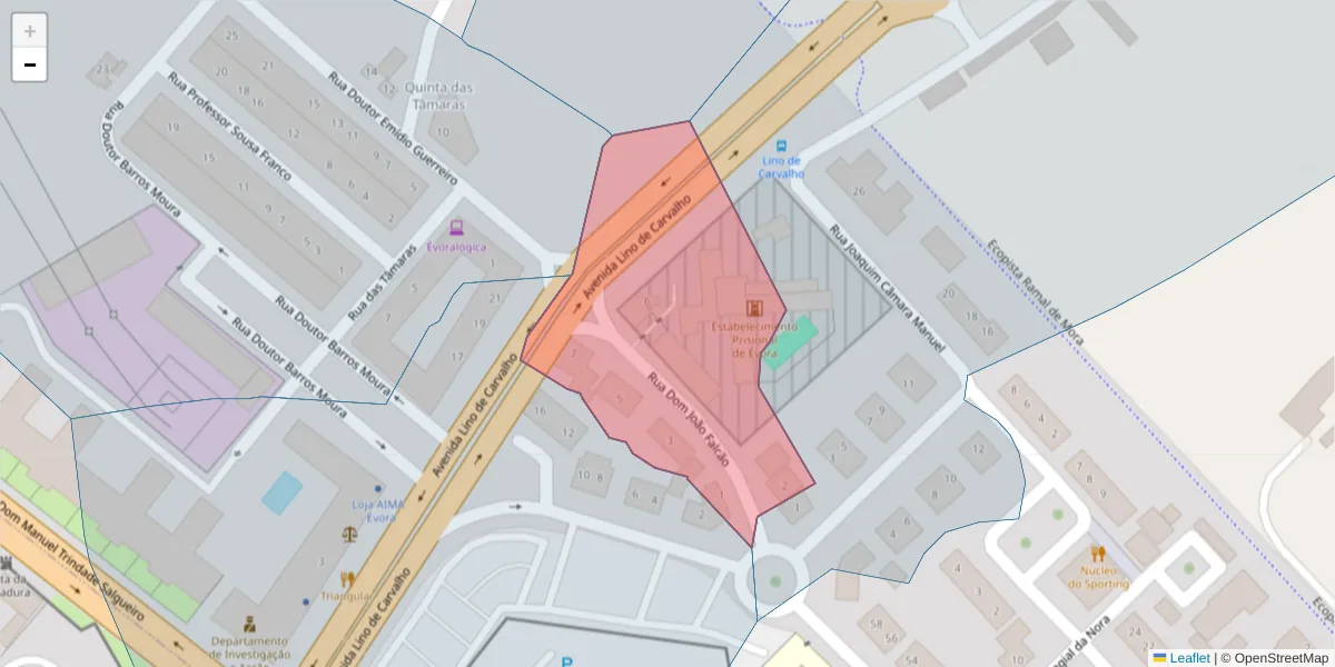 Mapa detalhado do código postal 7005-450 com limites, códigos postais vizinhos e agências dos correios