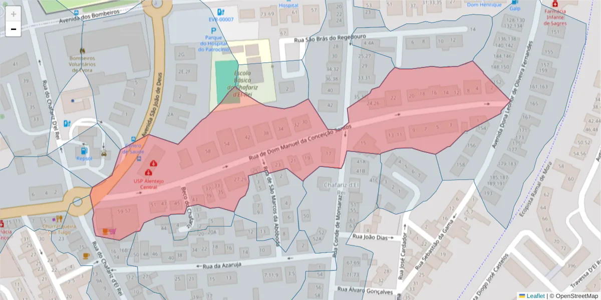 Mapa detalhado do código postal 7005-451 com limites, códigos postais vizinhos e agências dos correios