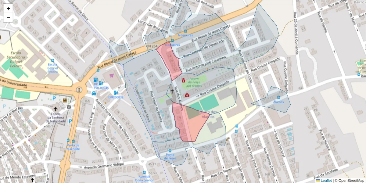 Mapa detalhado do código postal 7005-455 com limites, códigos postais vizinhos e agências dos correios