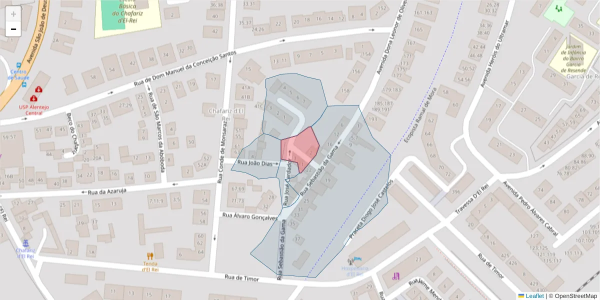 Mapa detalhado do código postal 7005-470 com limites, códigos postais vizinhos e agências dos correios
