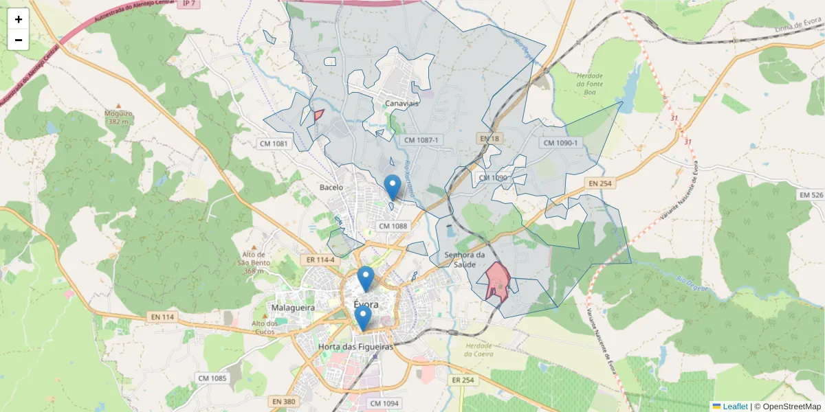 Mapa detalhado do código postal 7005-480 com limites, códigos postais vizinhos e agências dos correios