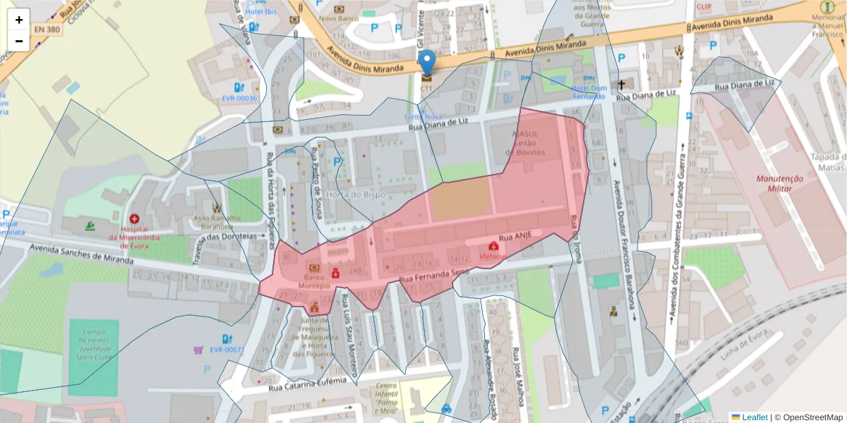 Mapa detalhado do código postal 7005-485 com limites, códigos postais vizinhos e agências dos correios