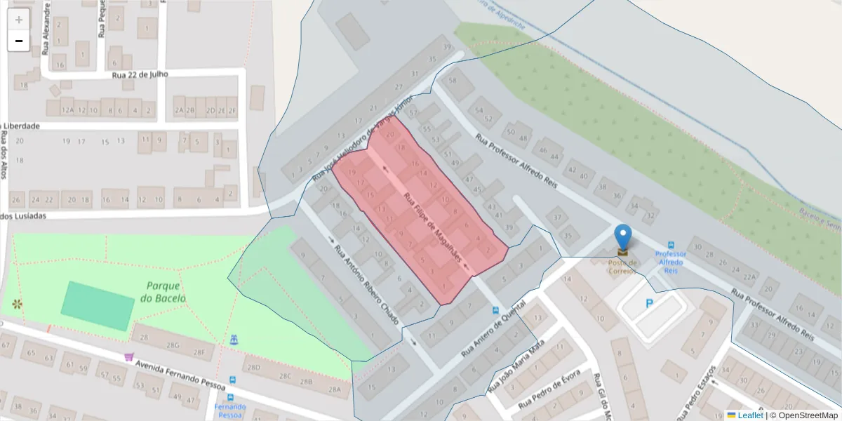 Mapa detalhado do código postal 7005-489 com limites, códigos postais vizinhos e agências dos correios