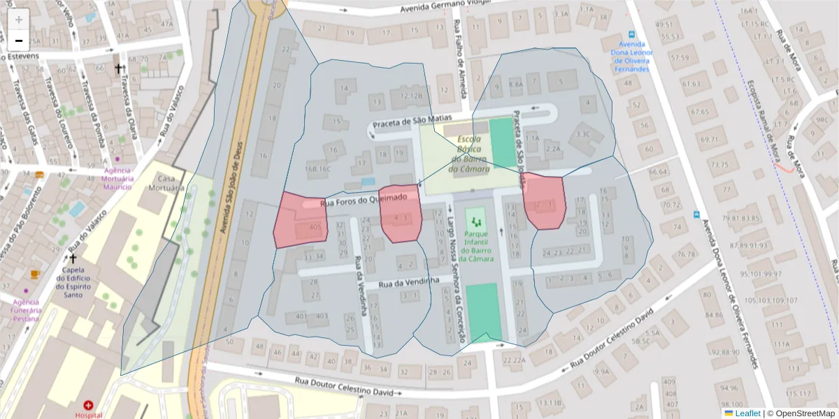 Mapa detalhado do código postal 7005-490 com limites, códigos postais vizinhos e agências dos correios