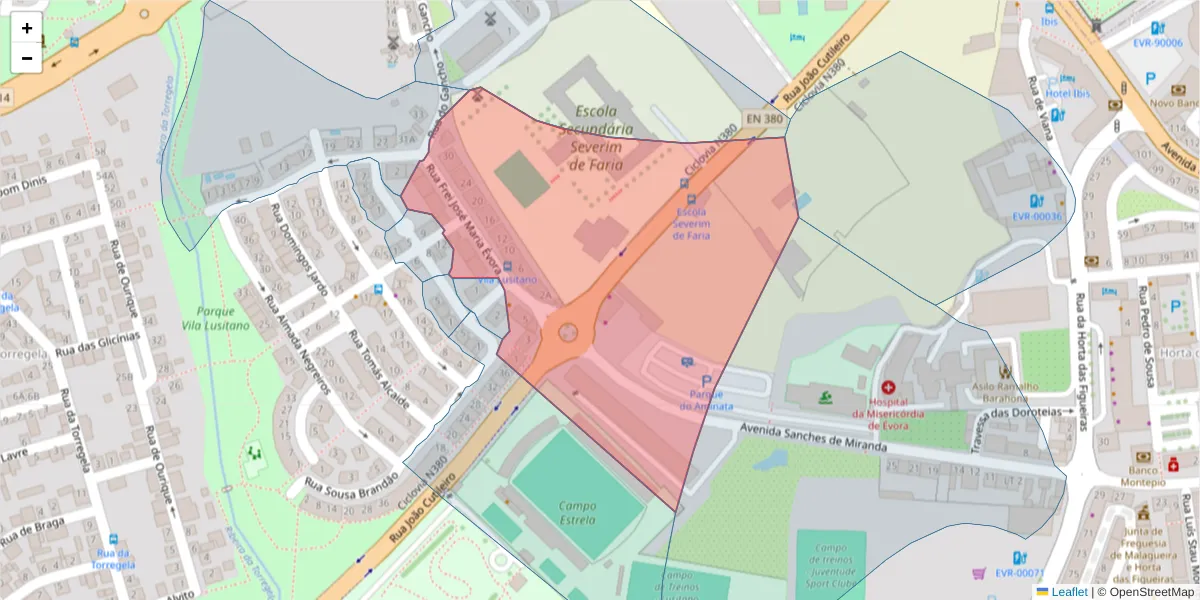 Mapa detalhado do código postal 7005-495 com limites, códigos postais vizinhos e agências dos correios