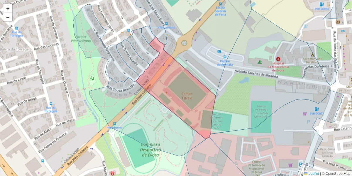 Mapa detalhado do código postal 7005-496 com limites, códigos postais vizinhos e agências dos correios