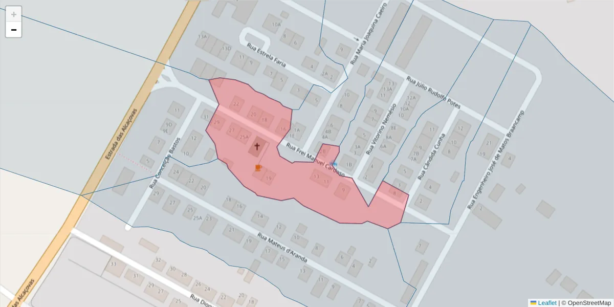 Mapa detalhado do código postal 7005-497 com limites, códigos postais vizinhos e agências dos correios