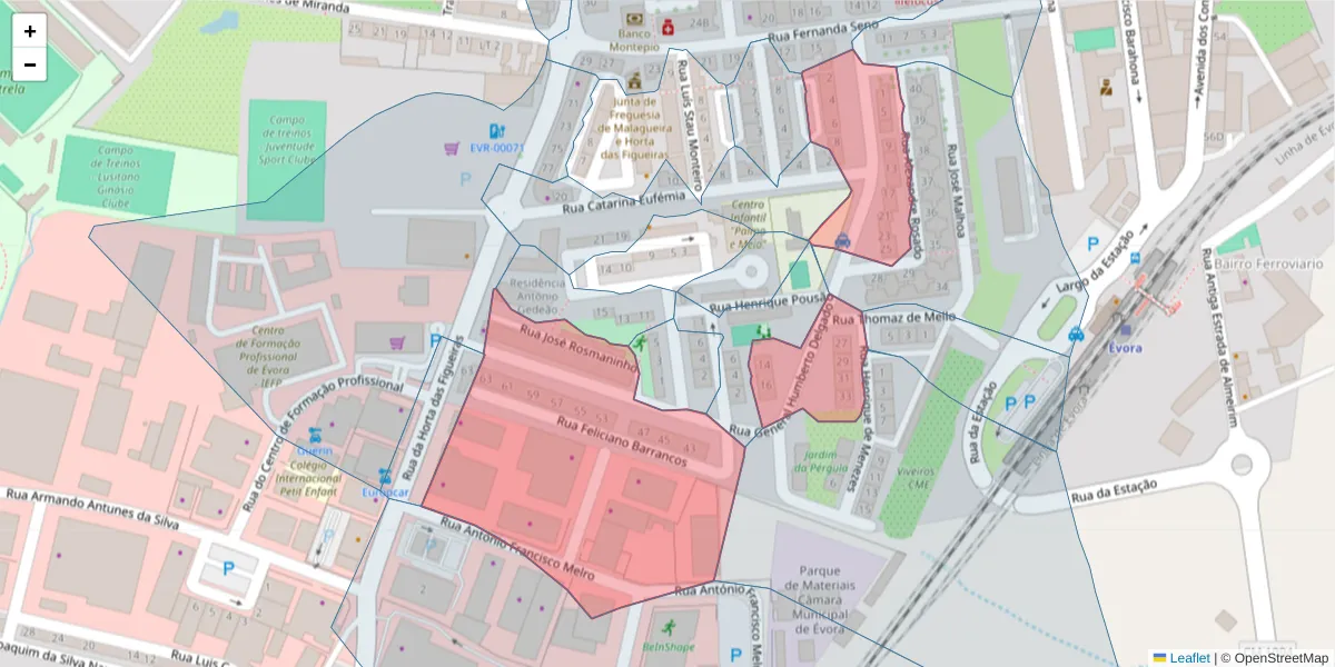 Mapa detalhado do código postal 7005-500 com limites, códigos postais vizinhos e agências dos correios