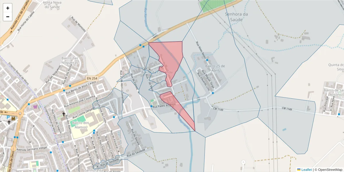 Mapa detalhado do código postal 7005-502 com limites, códigos postais vizinhos e agências dos correios