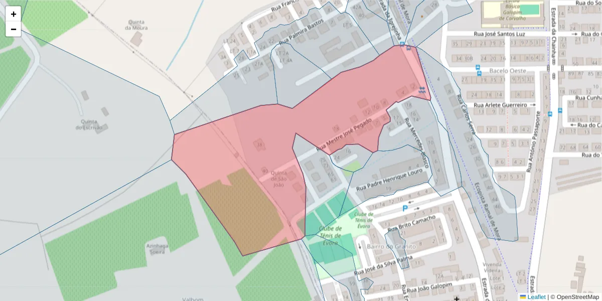 Mapa detalhado do código postal 7005-506 com limites, códigos postais vizinhos e agências dos correios