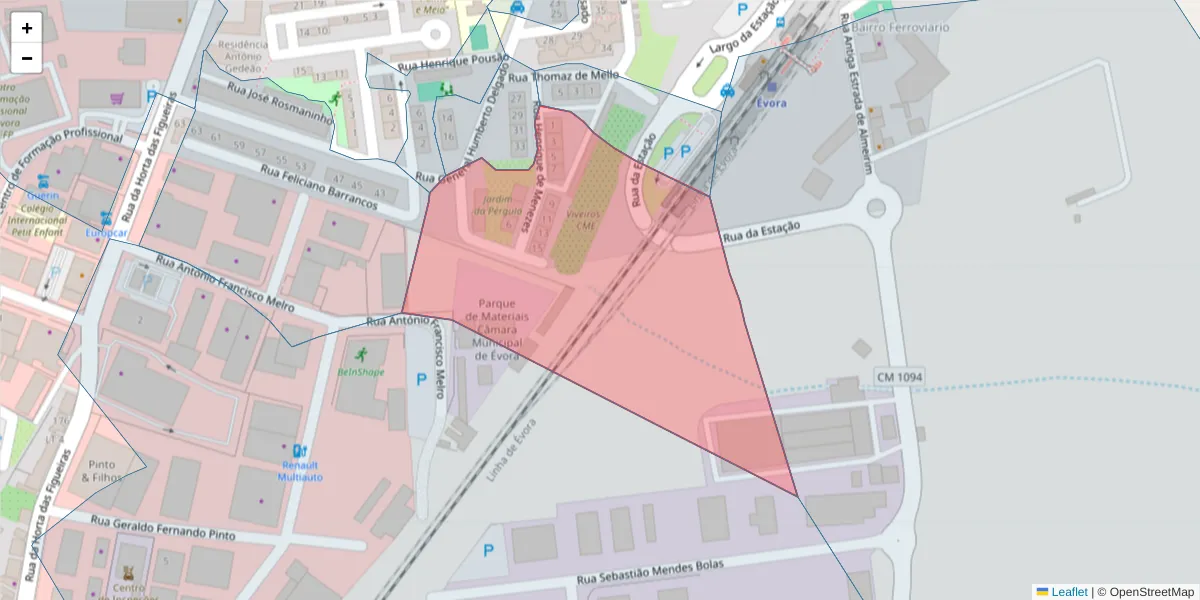 Mapa detalhado do código postal 7005-507 com limites, códigos postais vizinhos e agências dos correios