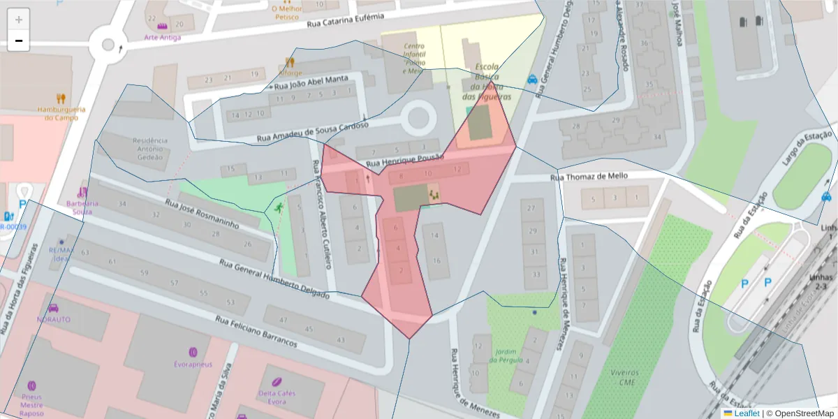 Mapa detalhado do código postal 7005-509 com limites, códigos postais vizinhos e agências dos correios