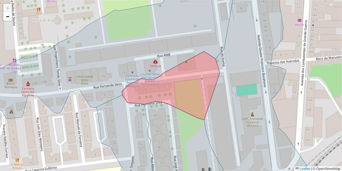 Mapa detalhado do código postal 7005-510 com limites, códigos postais vizinhos e agências dos correios