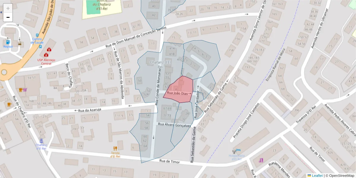 Mapa detalhado do código postal 7005-520 com limites, códigos postais vizinhos e agências dos correios