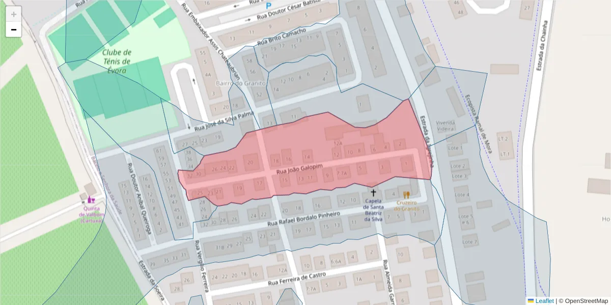 Mapa detalhado do código postal 7005-522 com limites, códigos postais vizinhos e agências dos correios