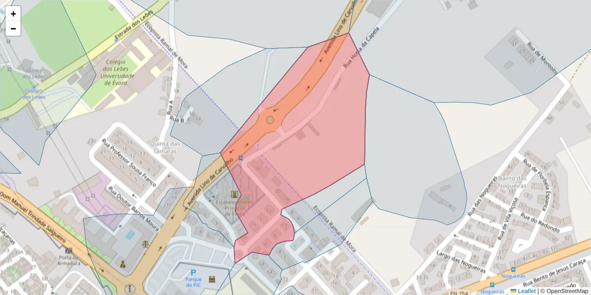 Mapa detalhado do código postal 7005-524 com limites, códigos postais vizinhos e agências dos correios