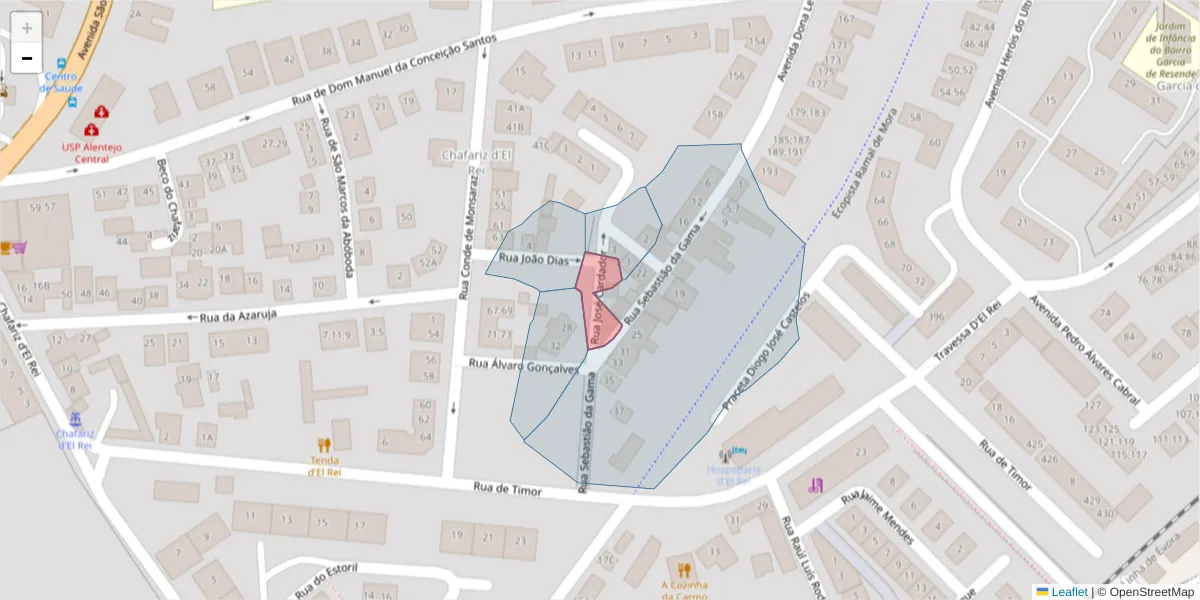 Mapa detalhado do código postal 7005-526 com limites, códigos postais vizinhos e agências dos correios