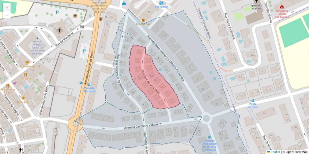 Mapa detalhado do código postal 7005-529 com limites, códigos postais vizinhos e agências dos correios
