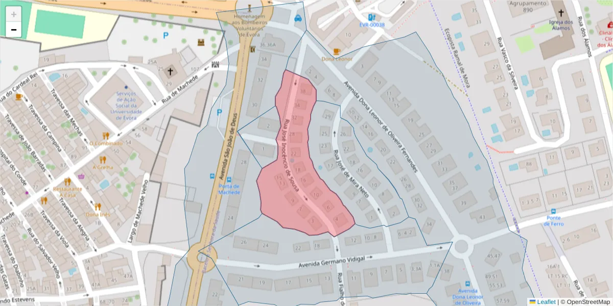 Mapa detalhado do código postal 7005-533 com limites, códigos postais vizinhos e agências dos correios