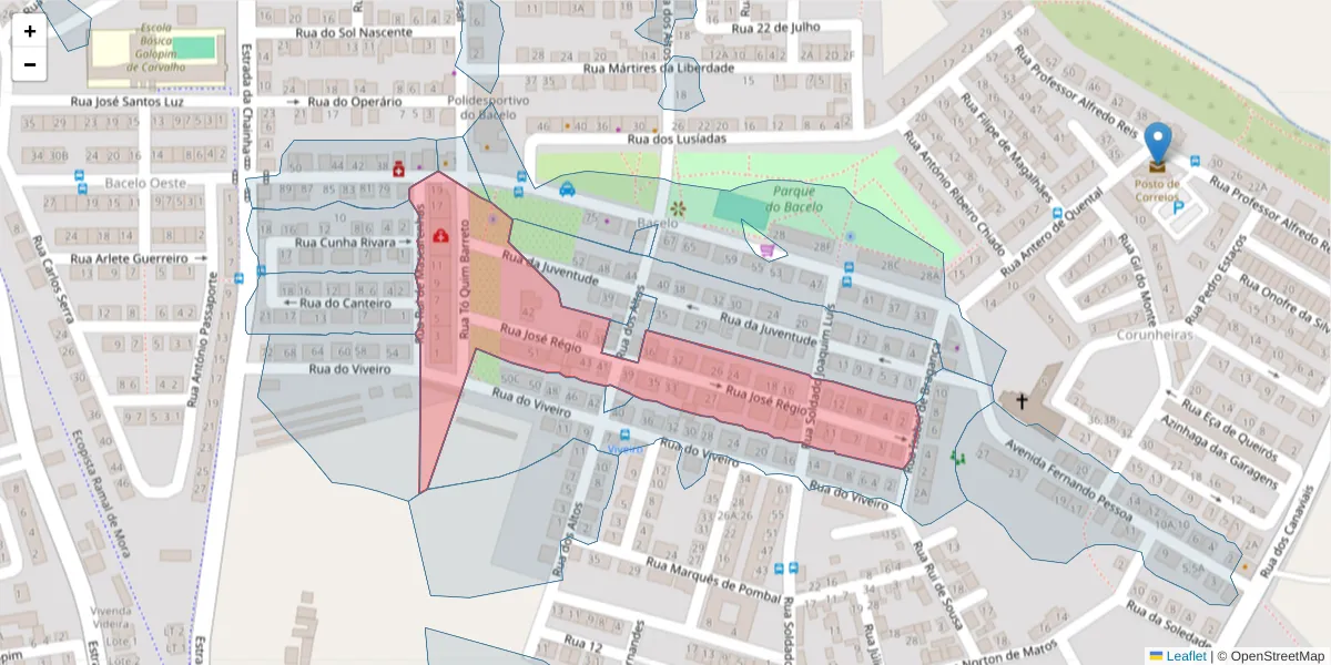 Mapa detalhado do código postal 7005-537 com limites, códigos postais vizinhos e agências dos correios