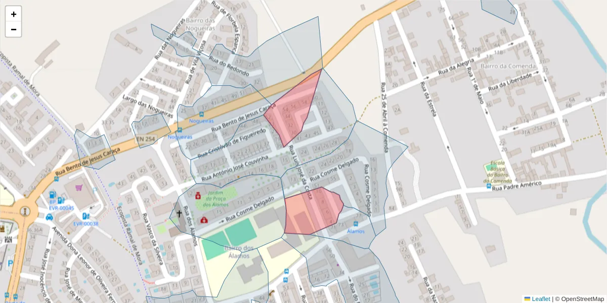 Mapa detalhado do código postal 7005-543 com limites, códigos postais vizinhos e agências dos correios