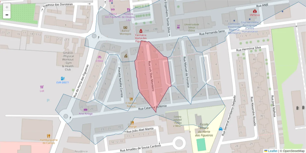 Mapa detalhado do código postal 7005-545 com limites, códigos postais vizinhos e agências dos correios