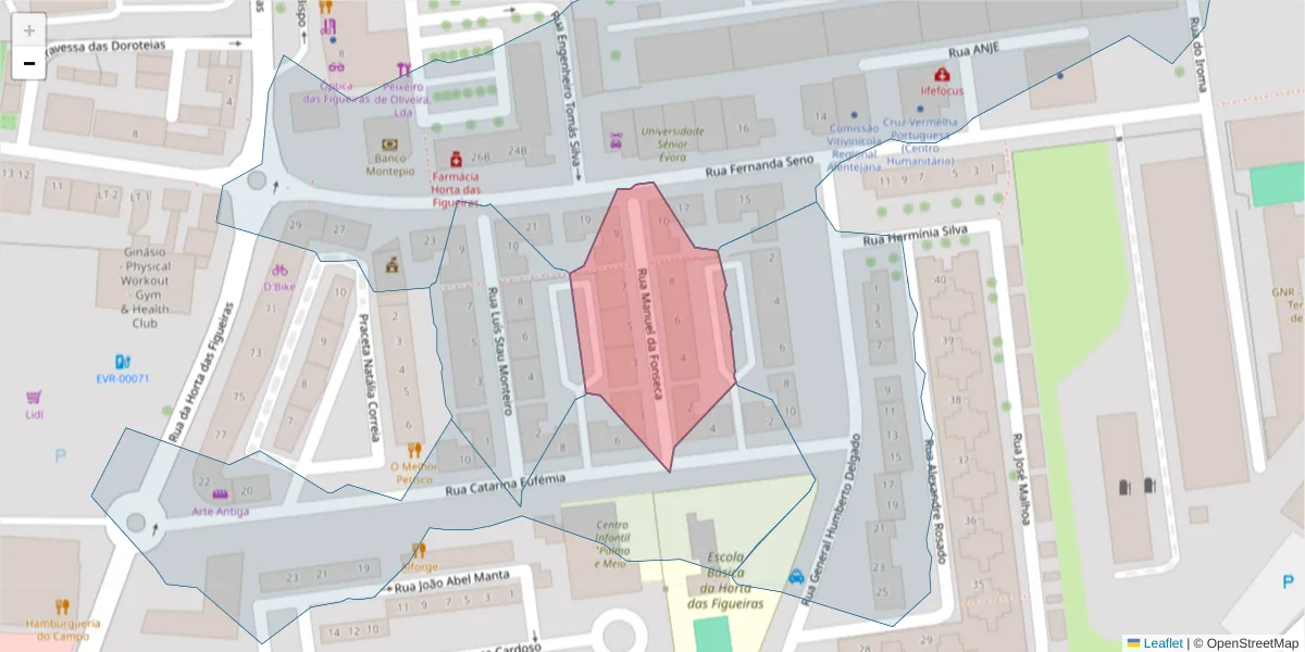 Mapa detalhado do código postal 7005-546 com limites, códigos postais vizinhos e agências dos correios