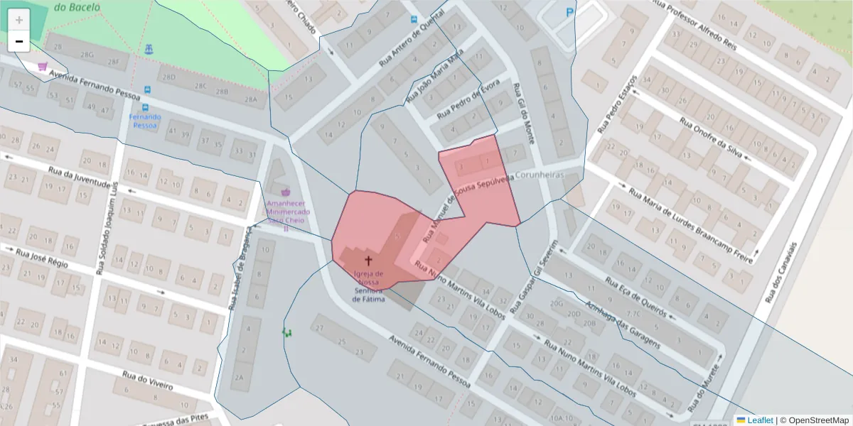 Mapa detalhado do código postal 7005-548 com limites, códigos postais vizinhos e agências dos correios
