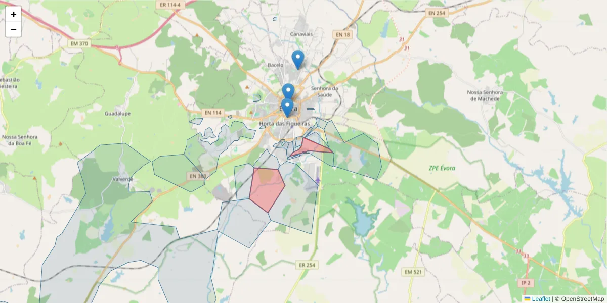 Mapa detalhado do código postal 7005-552 com limites, códigos postais vizinhos e agências dos correios