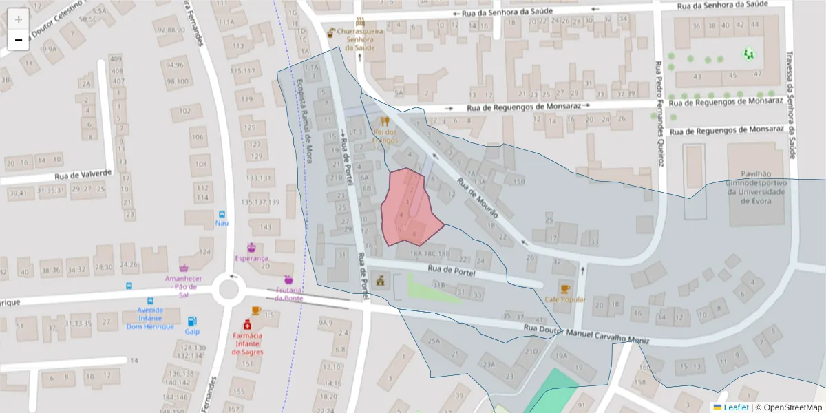 Mapa detalhado do código postal 7005-562 com limites, códigos postais vizinhos e agências dos correios