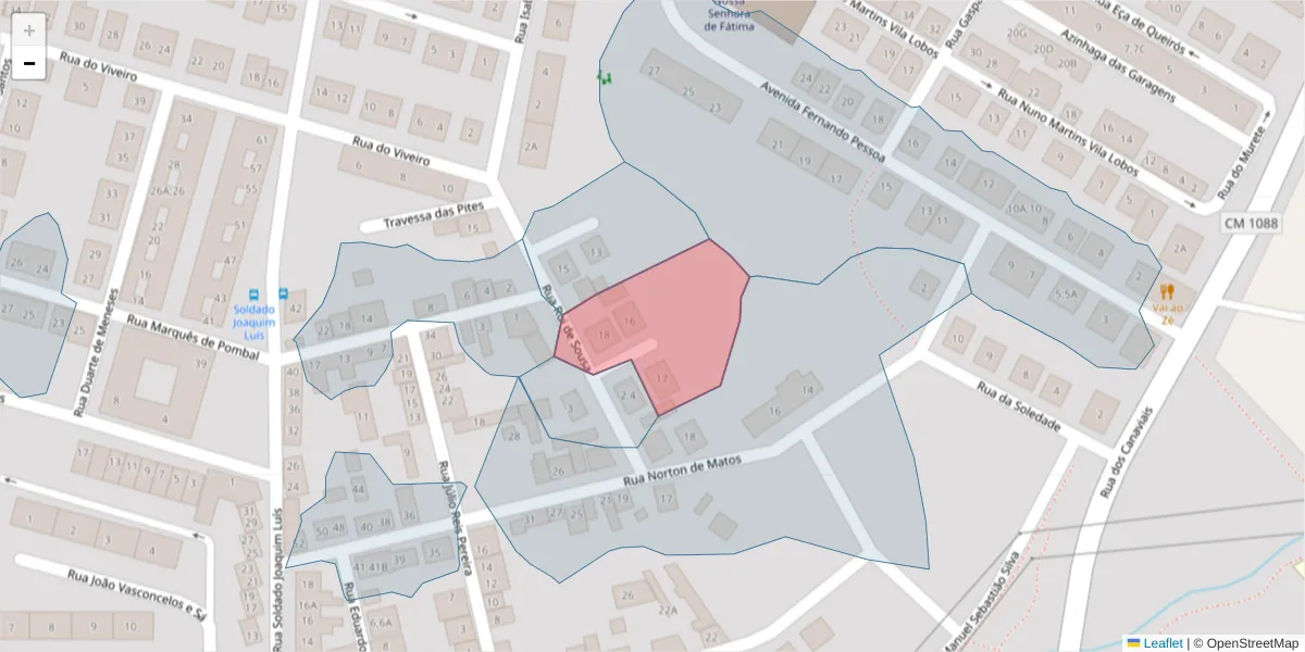 Mapa detalhado do código postal 7005-577 com limites, códigos postais vizinhos e agências dos correios