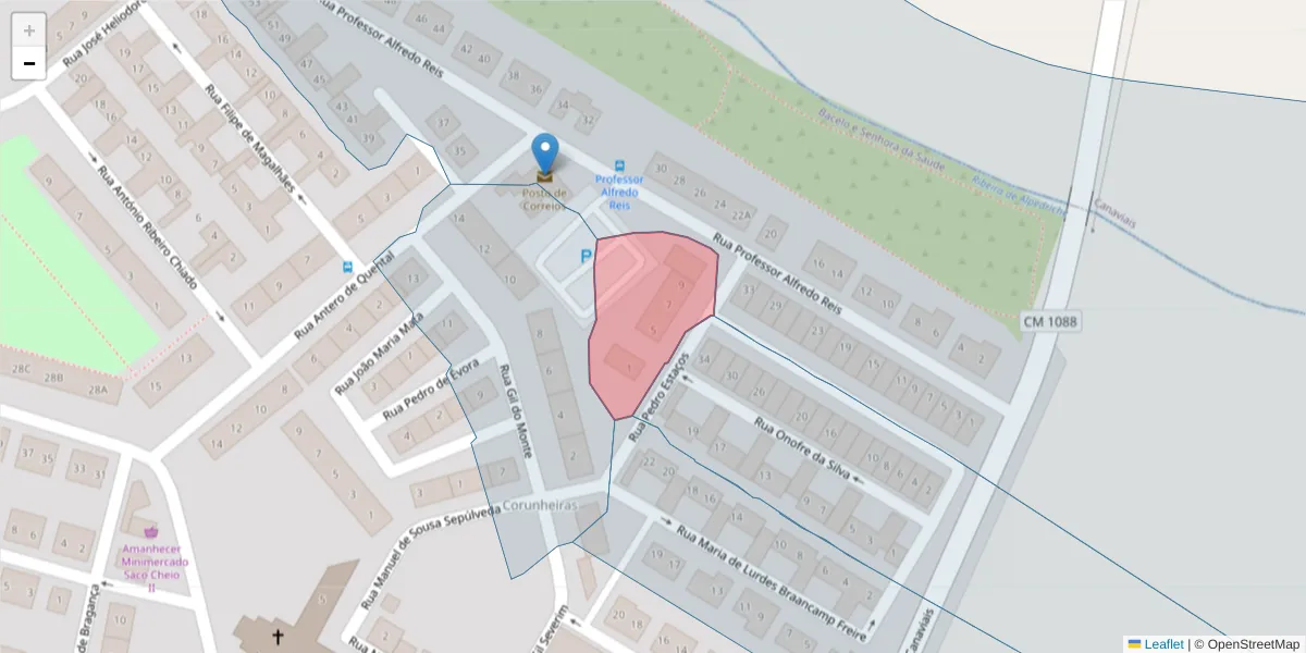 Mapa detalhado do código postal 7005-579 com limites, códigos postais vizinhos e agências dos correios