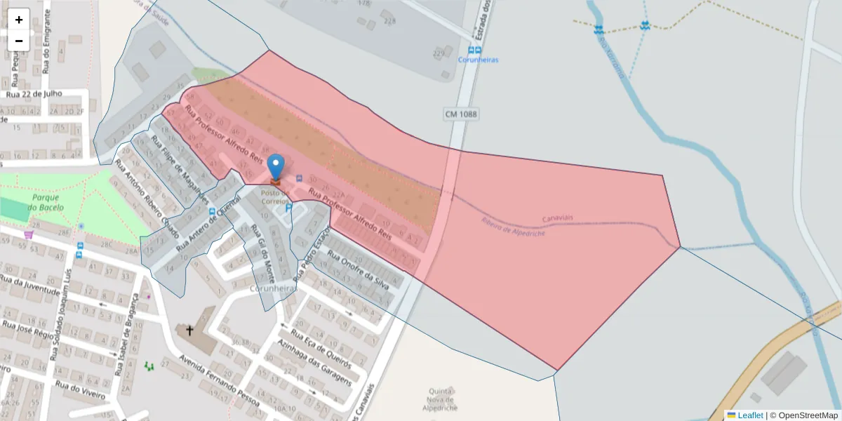 Mapa detalhado do código postal 7005-585 com limites, códigos postais vizinhos e agências dos correios