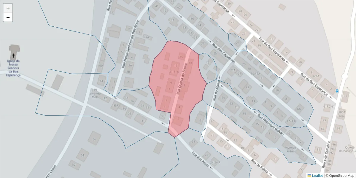 Mapa detalhado do código postal 7005-590 com limites, códigos postais vizinhos e agências dos correios