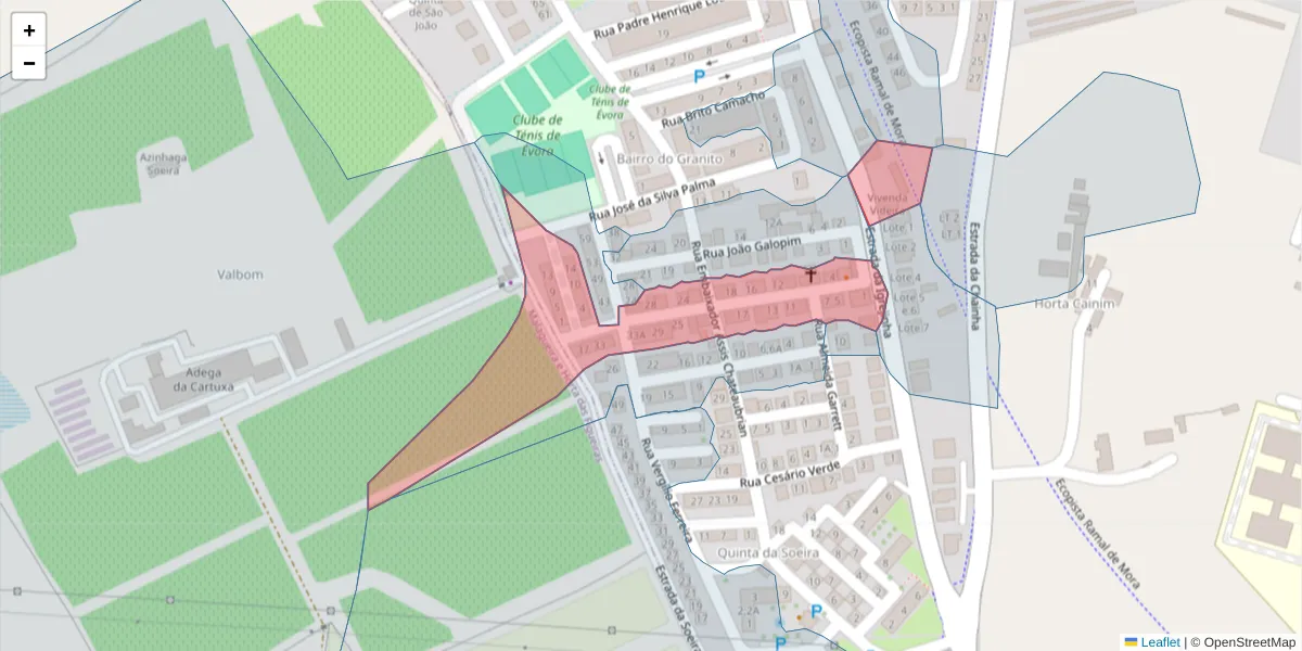Mapa detalhado do código postal 7005-591 com limites, códigos postais vizinhos e agências dos correios