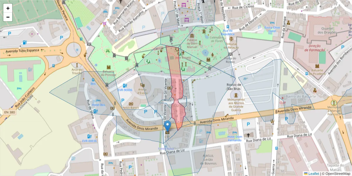 Mapa detalhado do código postal 7005-592 com limites, códigos postais vizinhos e agências dos correios