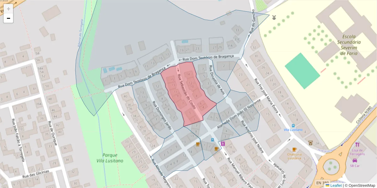 Mapa detalhado do código postal 7005-610 com limites, códigos postais vizinhos e agências dos correios