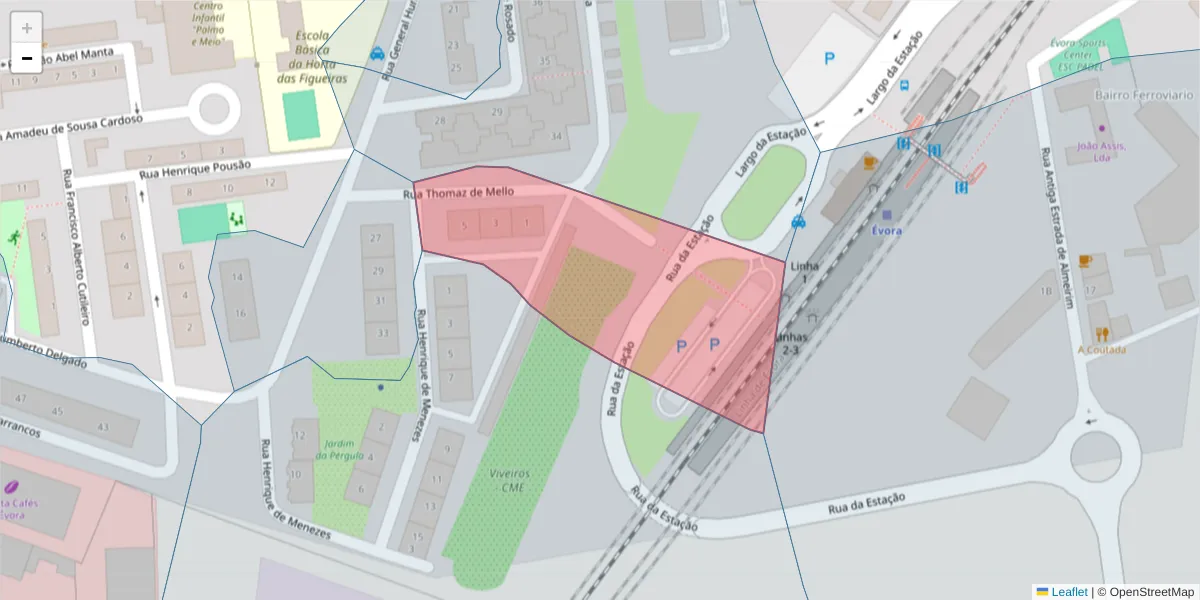 Mapa detalhado do código postal 7005-628 com limites, códigos postais vizinhos e agências dos correios