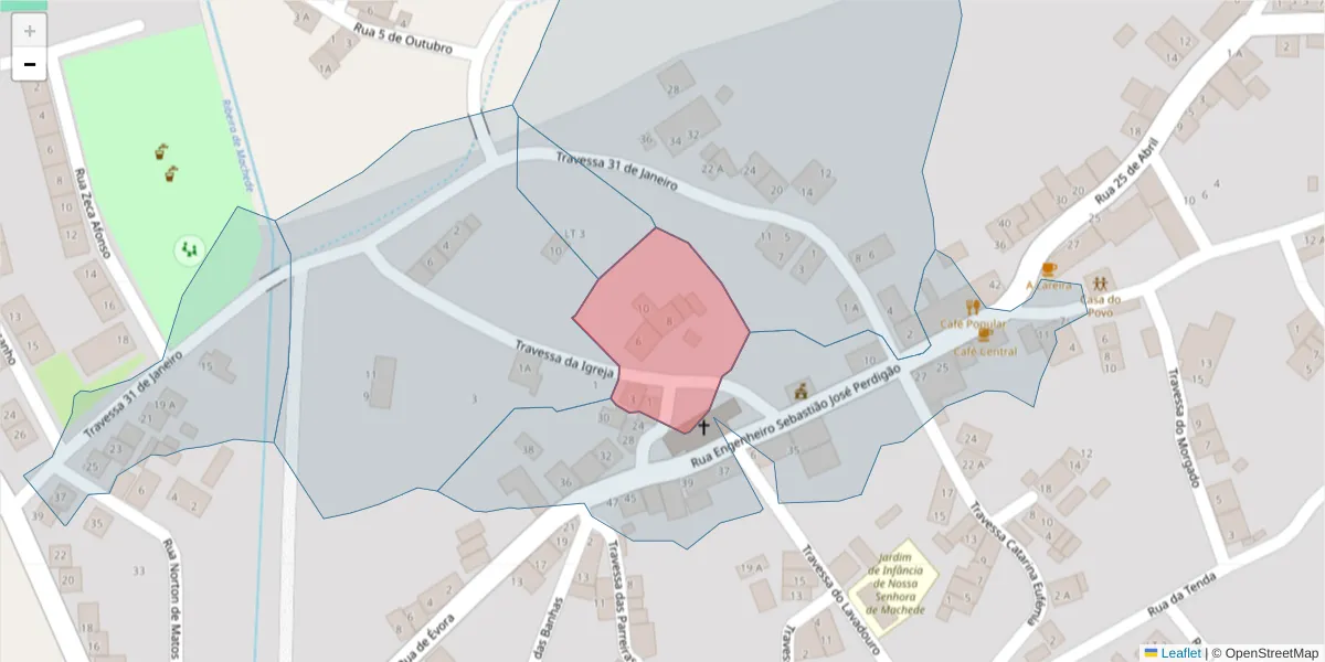 Mapa detalhado do código postal 7005-673 com limites, códigos postais vizinhos e agências dos correios
